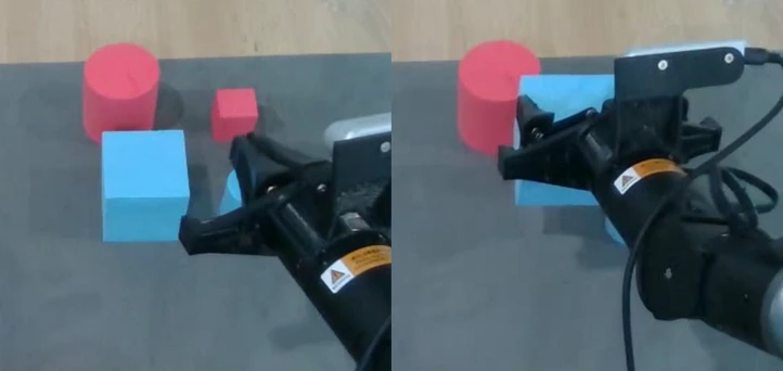 Two real-robot views of a gripper manipulating red and blue geometric objects.