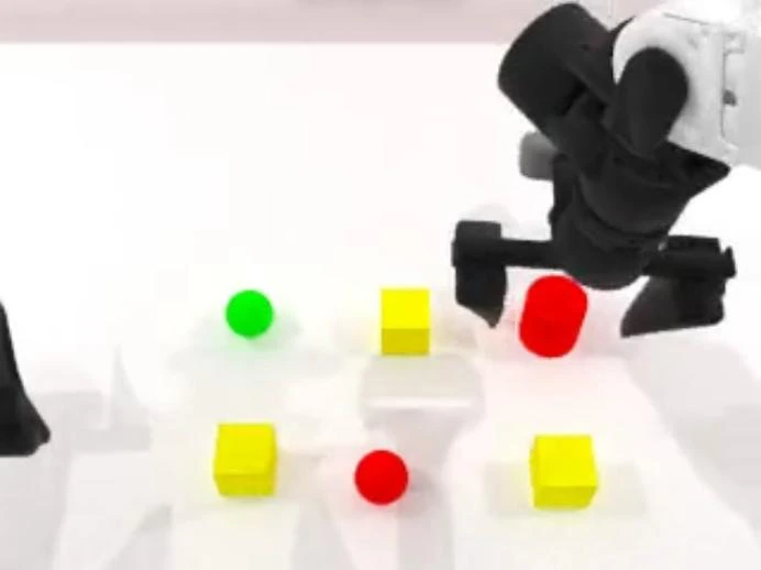 A dual-arm robot above a tabletop with three yellow blocks, a red sphere, a green sphere, and a red cylinder.